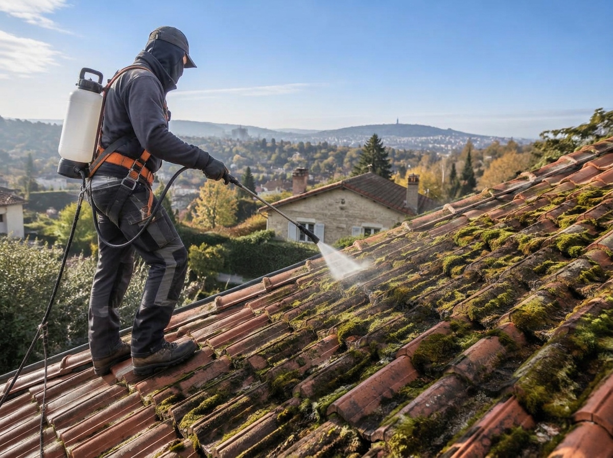 Artisan réalisant une prestation de démoussage