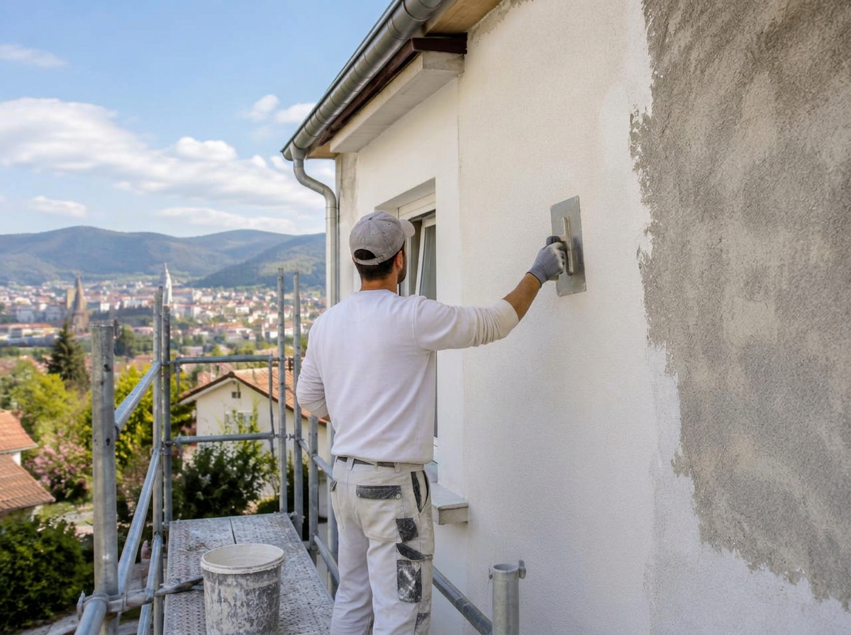 Artisan réalisant une prestation de ravalement de façade
